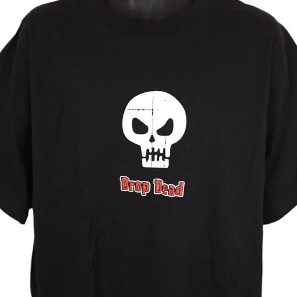 Vintage Drop Dead Skull T Shirt Mens Size XL Black Y2K Skateboard Skeleton